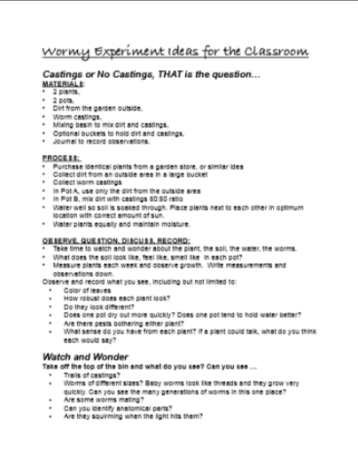 Classroom worm experiment instructions and materials list.