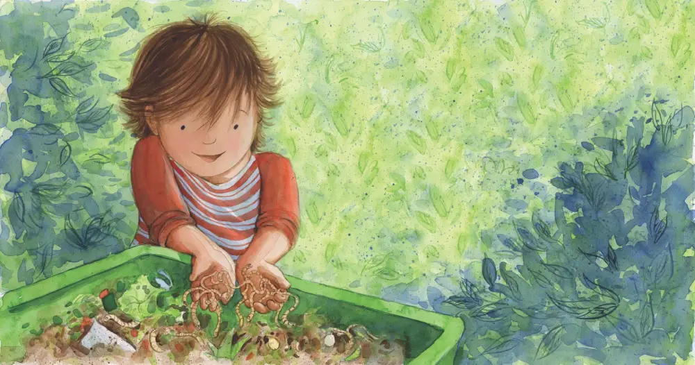 Child gardening with soil and plants.
